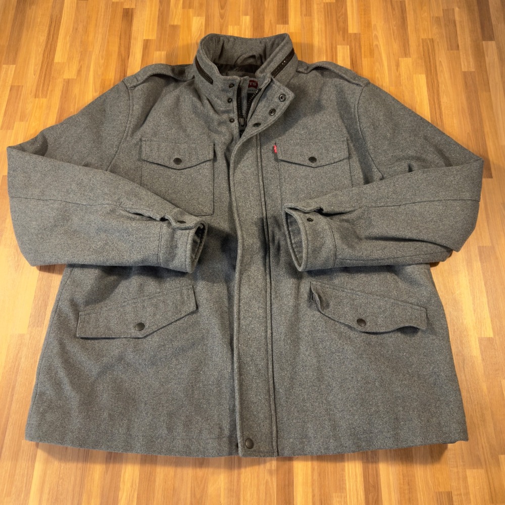 Levis Mens XXL Gray Wool Blend Quilted Lined Field Jacket Military M65 HOODED